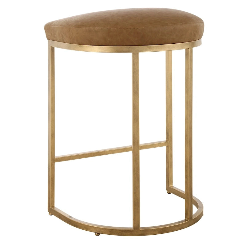 Gold Half-Moon Metal Base Counter Stool with Camel Faux Leather Cushion