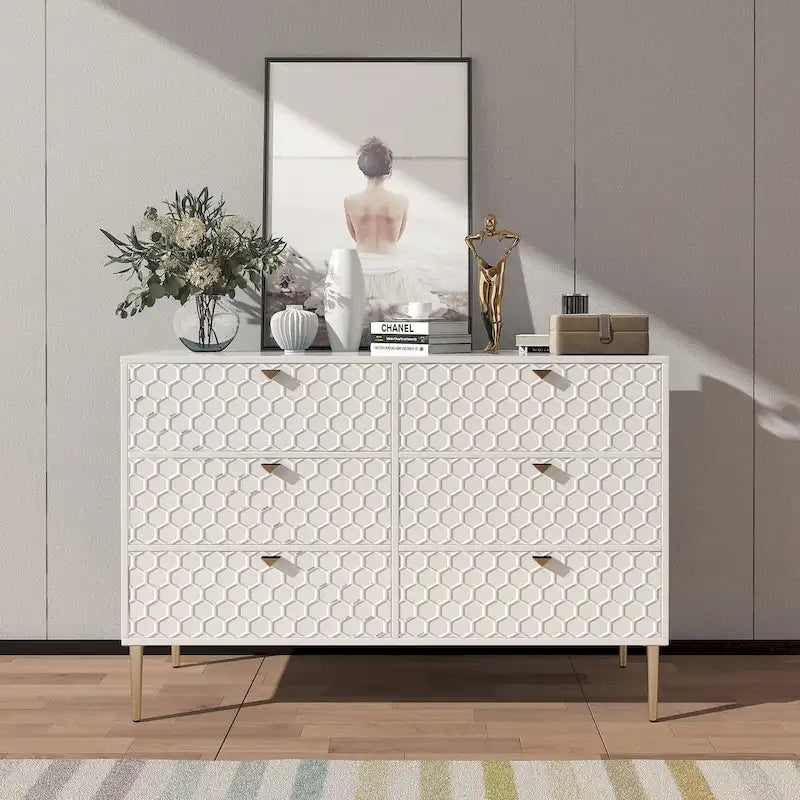 6-Drawer Dresser Chest with Honeycomb Pattern and Gold Metal Legs