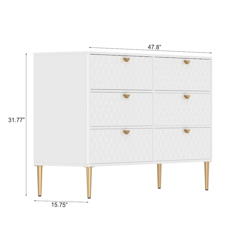 6-Drawer Dresser Chest with Honeycomb Pattern and Gold Metal Legs