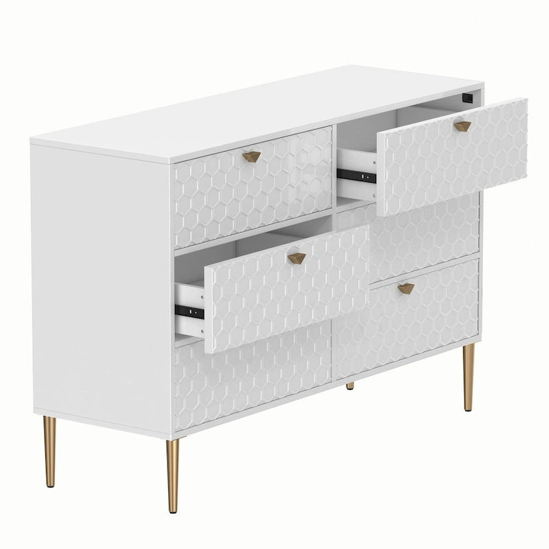 6-Drawer Dresser Chest with Honeycomb Pattern and Gold Metal Legs