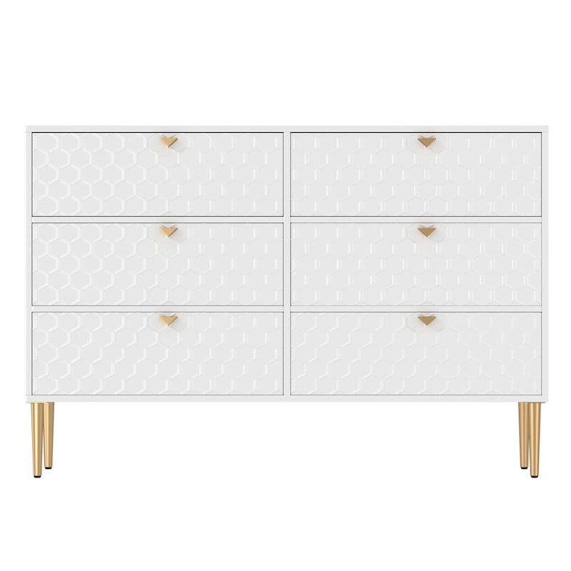 6-Drawer Dresser Chest with Honeycomb Pattern and Gold Metal Legs