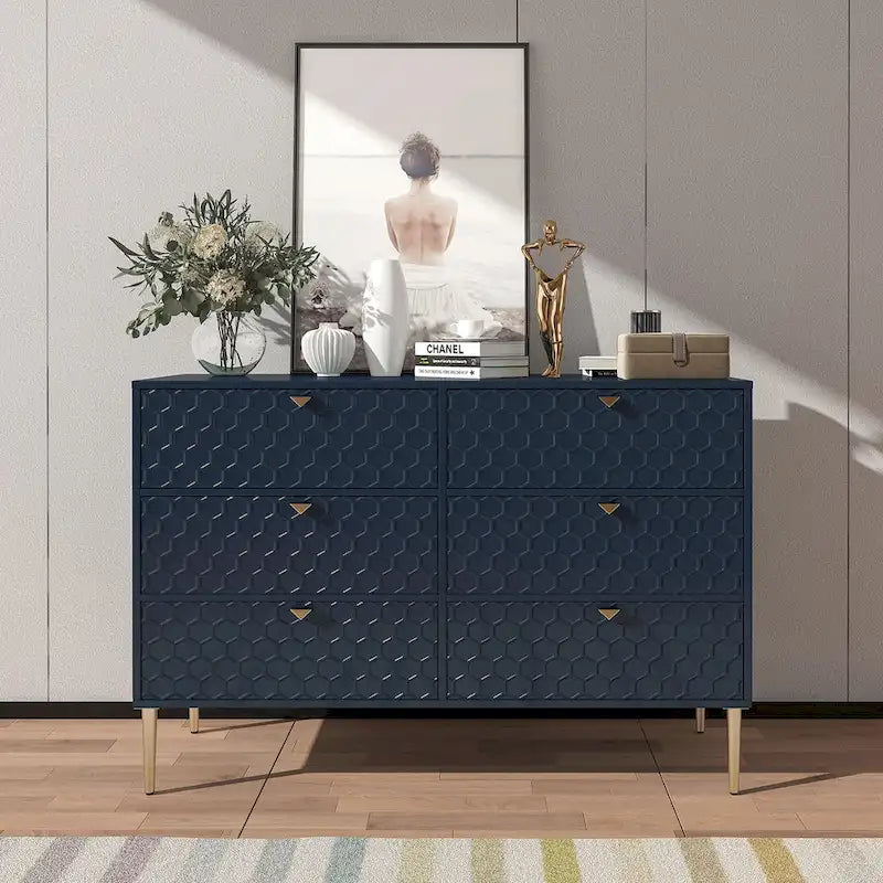 6-Drawer Dresser Chest with Honeycomb Pattern and Gold Metal Legs