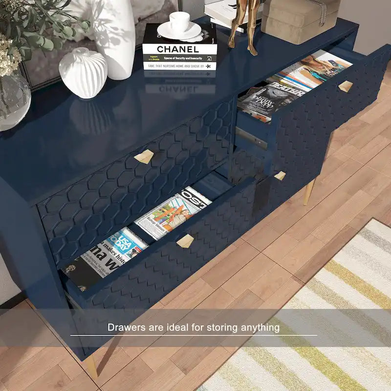 6-Drawer Dresser Chest with Honeycomb Pattern and Gold Metal Legs