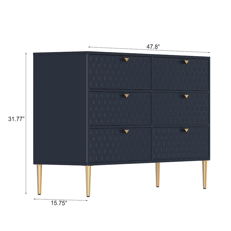 6-Drawer Dresser Chest with Honeycomb Pattern and Gold Metal Legs