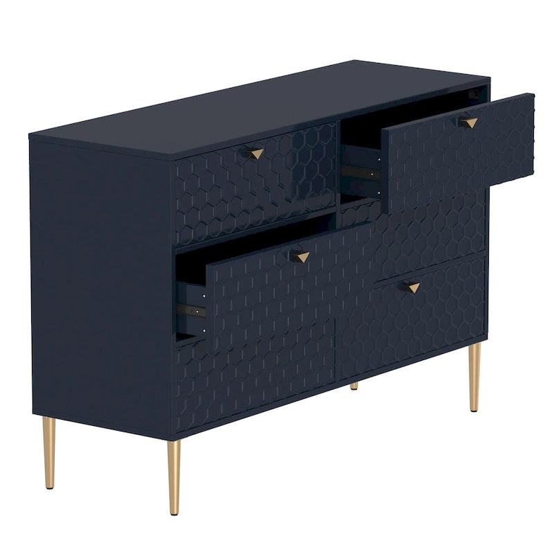 6-Drawer Dresser Chest with Honeycomb Pattern and Gold Metal Legs