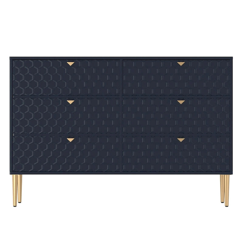6-Drawer Dresser Chest with Honeycomb Pattern and Gold Metal Legs