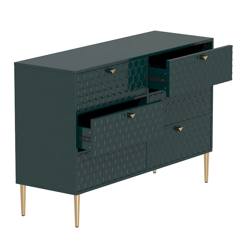 6-Drawer Dresser Chest with Honeycomb Pattern and Gold Metal Legs