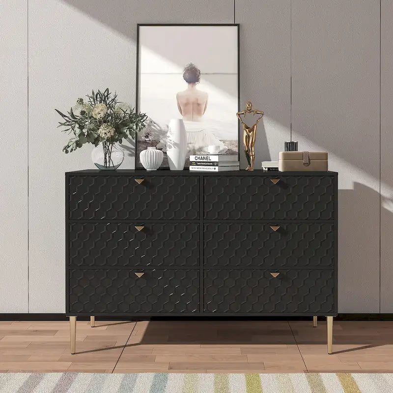 6-Drawer Dresser Chest with Honeycomb Pattern and Gold Metal Legs