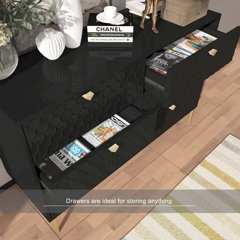 6-Drawer Dresser Chest with Honeycomb Pattern and Gold Metal Legs
