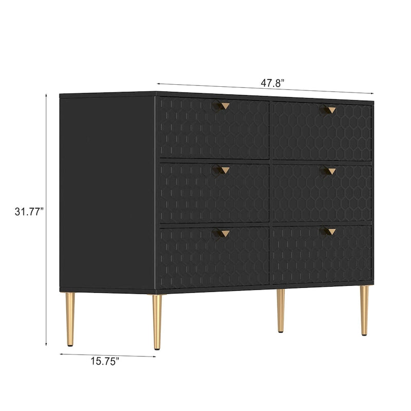6-Drawer Dresser Chest with Honeycomb Pattern and Gold Metal Legs
