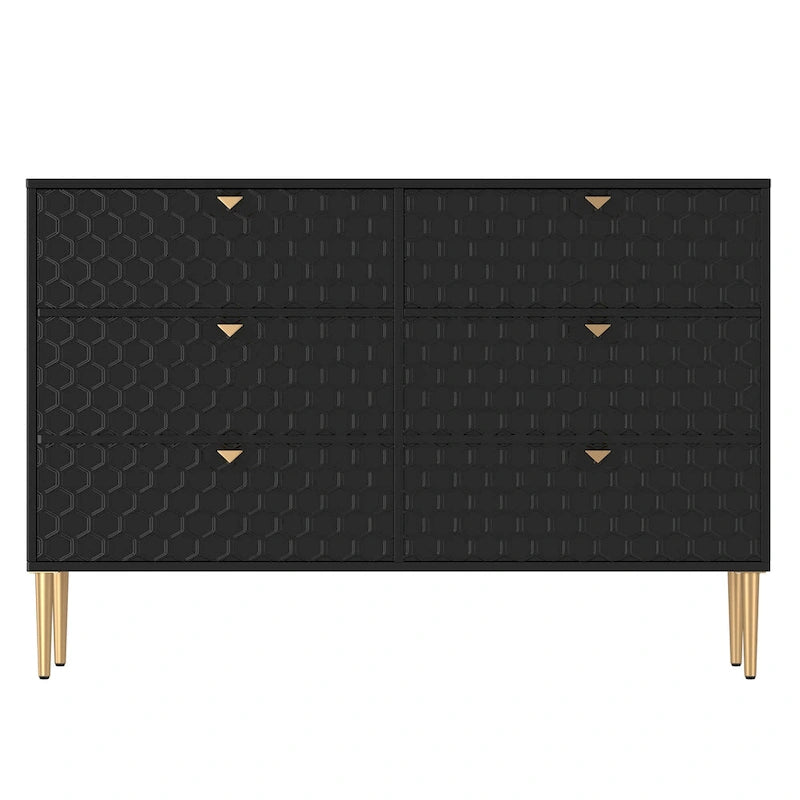 6-Drawer Dresser Chest with Honeycomb Pattern and Gold Metal Legs