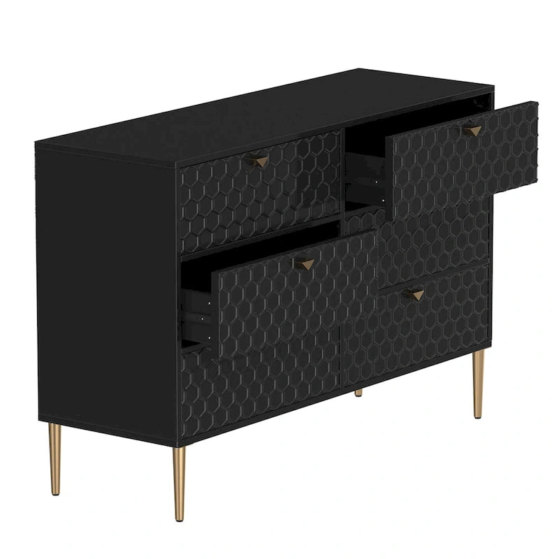6-Drawer Dresser Chest with Honeycomb Pattern and Gold Metal Legs
