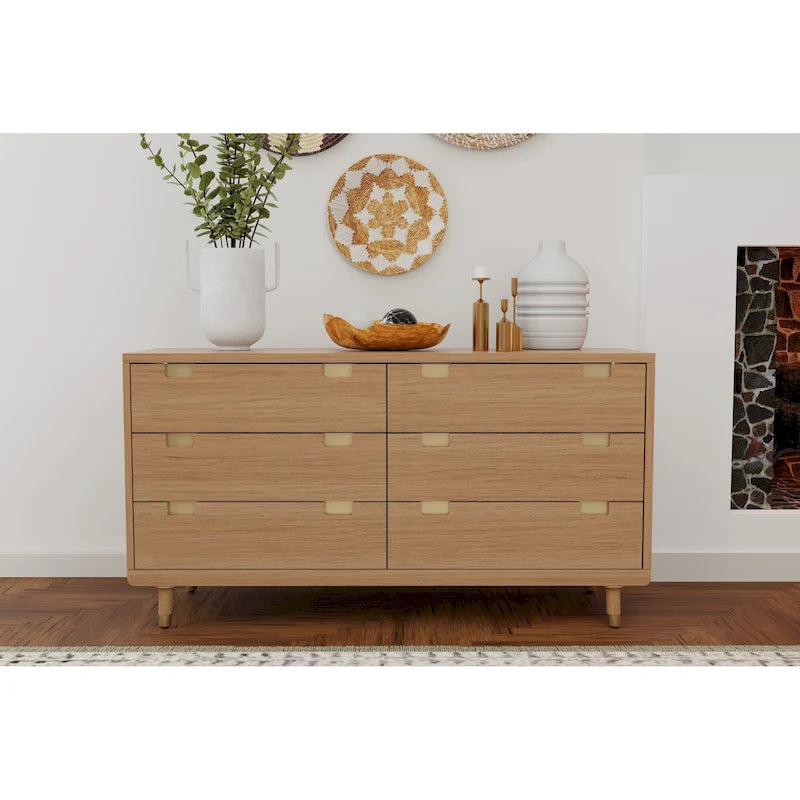 6-Drawer Wood Dresser in Sand Beige - Mahogany with Dovetail Construction
