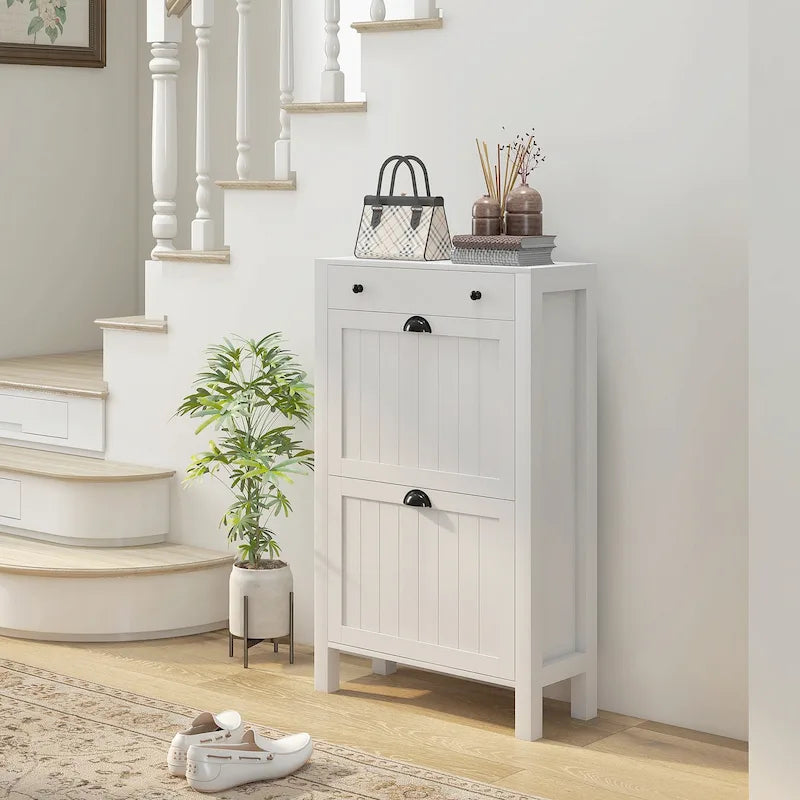 Slim Freestanding Shoe Cabinet with 2 Flip Drawers and Adjustable Shelves