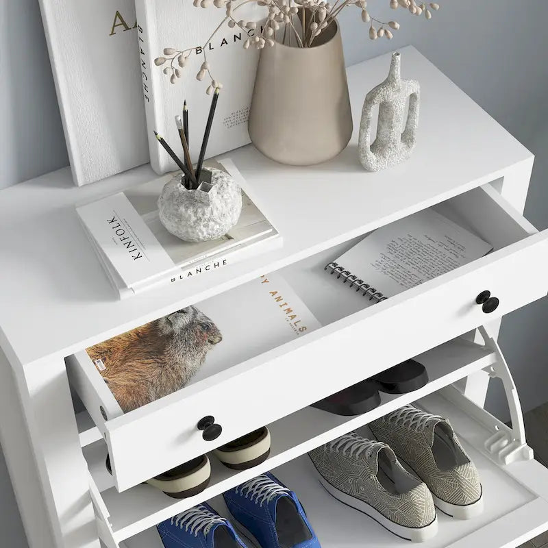 Slim Freestanding Shoe Cabinet with 2 Flip Drawers and Adjustable Shelves