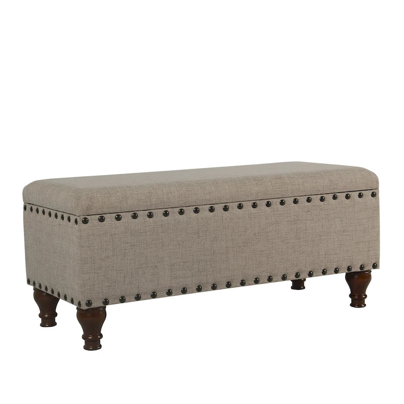 Tufted Linen Storage Bench with Nailhead Trim and Wood Legs