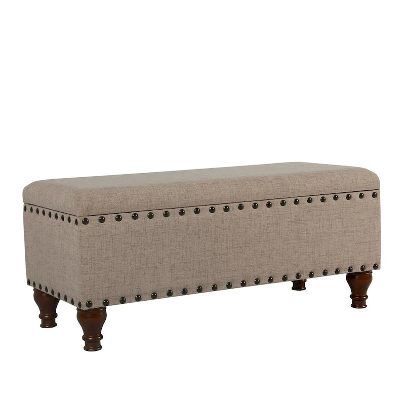 Tufted Linen Storage Bench with Nailhead Trim and Wood Legs