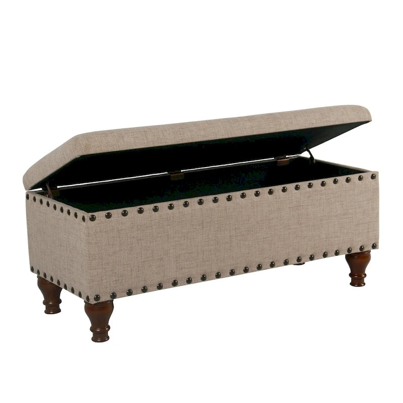 Tufted Linen Storage Bench with Nailhead Trim and Wood Legs