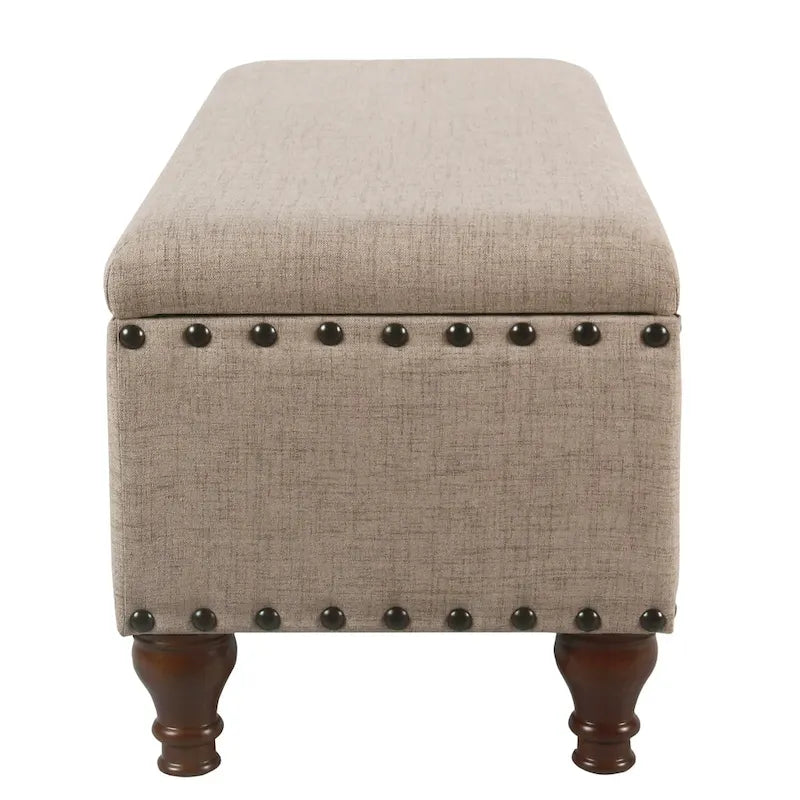 Tufted Linen Storage Bench with Nailhead Trim and Wood Legs