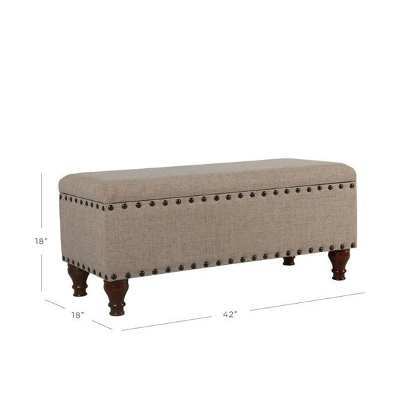 Tufted Linen Storage Bench with Nailhead Trim and Wood Legs