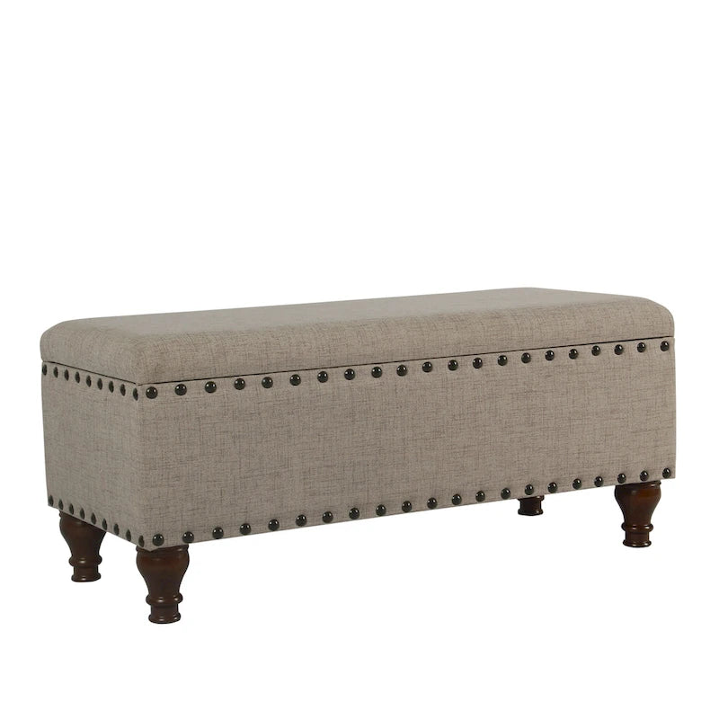 Tufted Linen Storage Bench with Nailhead Trim and Wood Legs