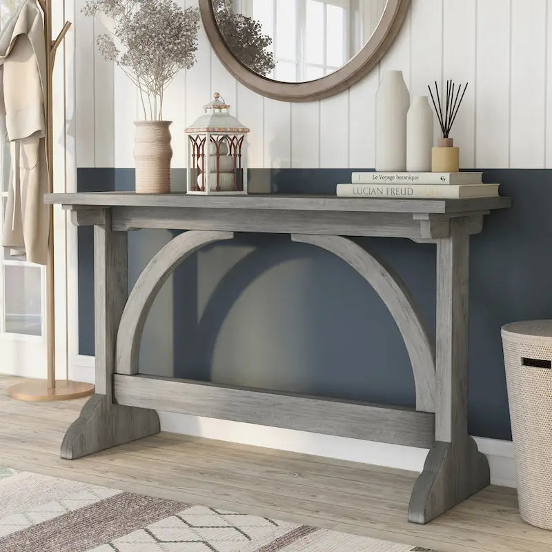 47" Rustic Oak Finish Sofa Console Table with Trestle Base