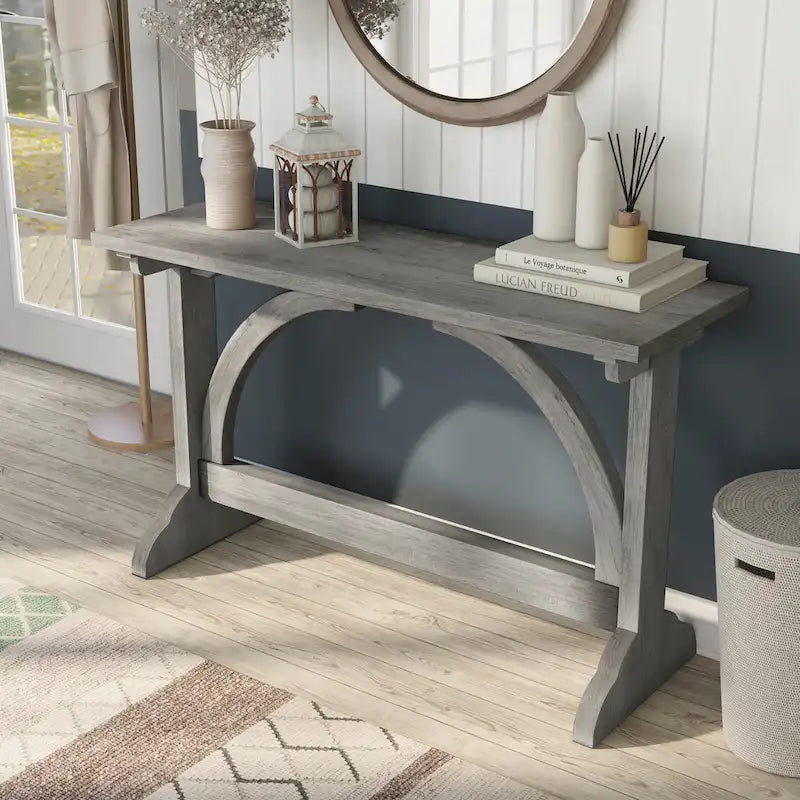 47" Rustic Oak Finish Sofa Console Table with Trestle Base
