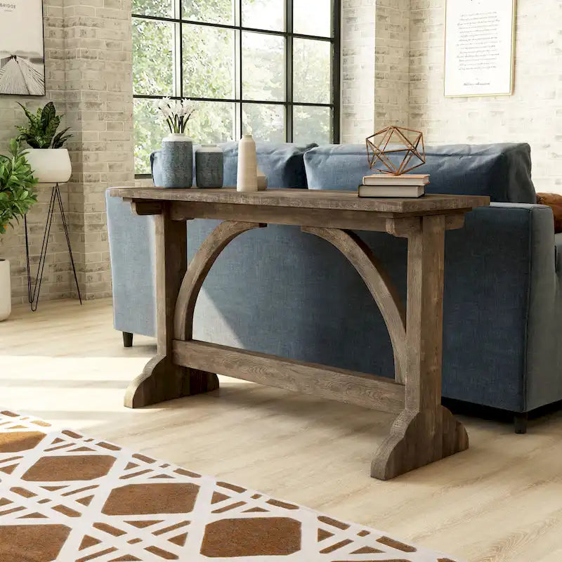 47" Rustic Oak Finish Sofa Console Table with Trestle Base