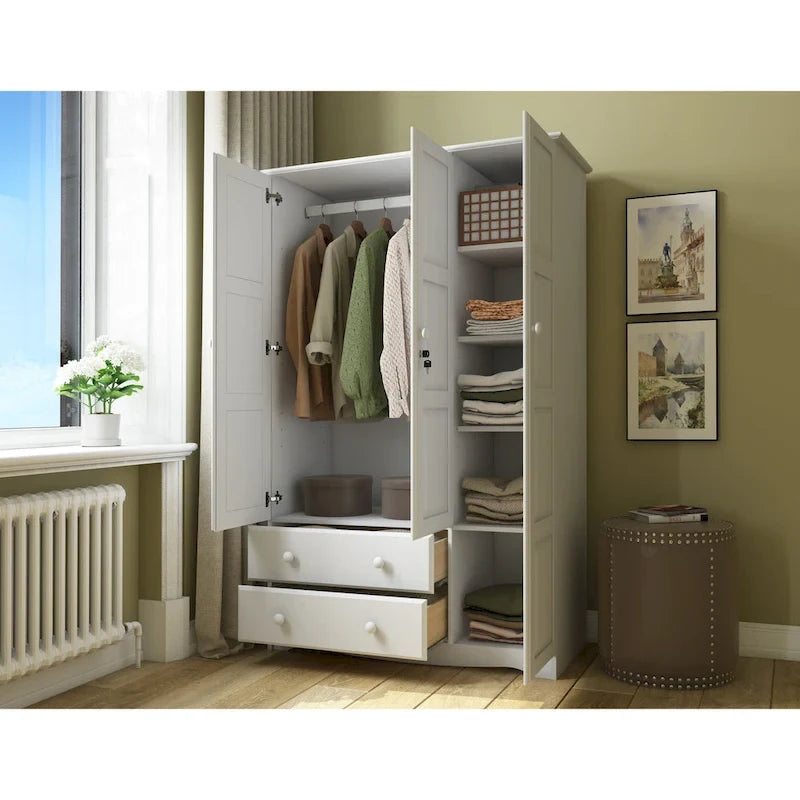 100% Solid Pine Wood Grand Wardrobe Armoire with Drawers and Lock