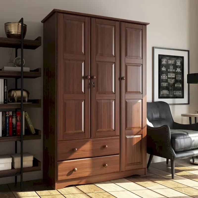 100% Solid Pine Wood Grand Wardrobe Armoire with Drawers and Lock