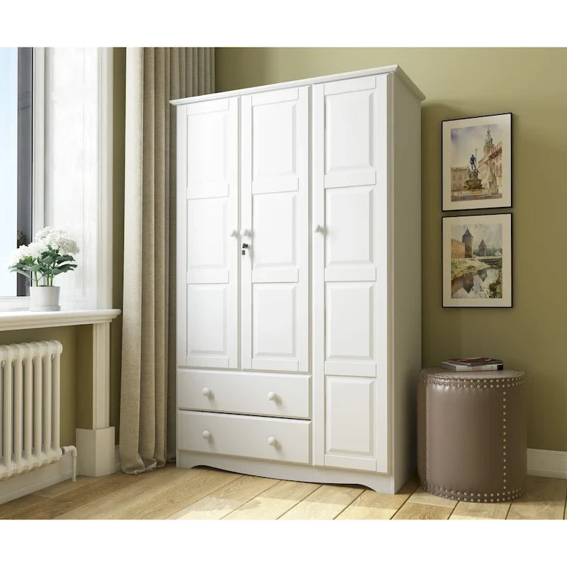100% Solid Pine Wood Grand Wardrobe Armoire with Drawers and Lock