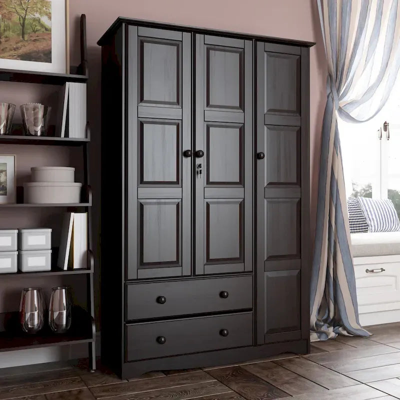 100% Solid Pine Wood Grand Wardrobe Armoire with Drawers and Lock