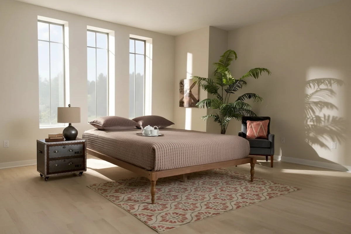 Contemporary Walnut Wood Platform Bed Frame