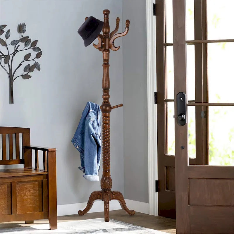 Freestanding Solid Ash Wood Coat Rack with 8 Hooks - Dark Brown
