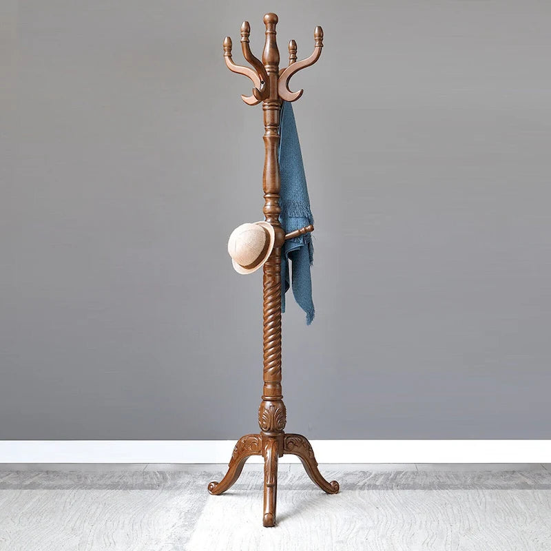 Freestanding Solid Ash Wood Coat Rack with 8 Hooks - Dark Brown