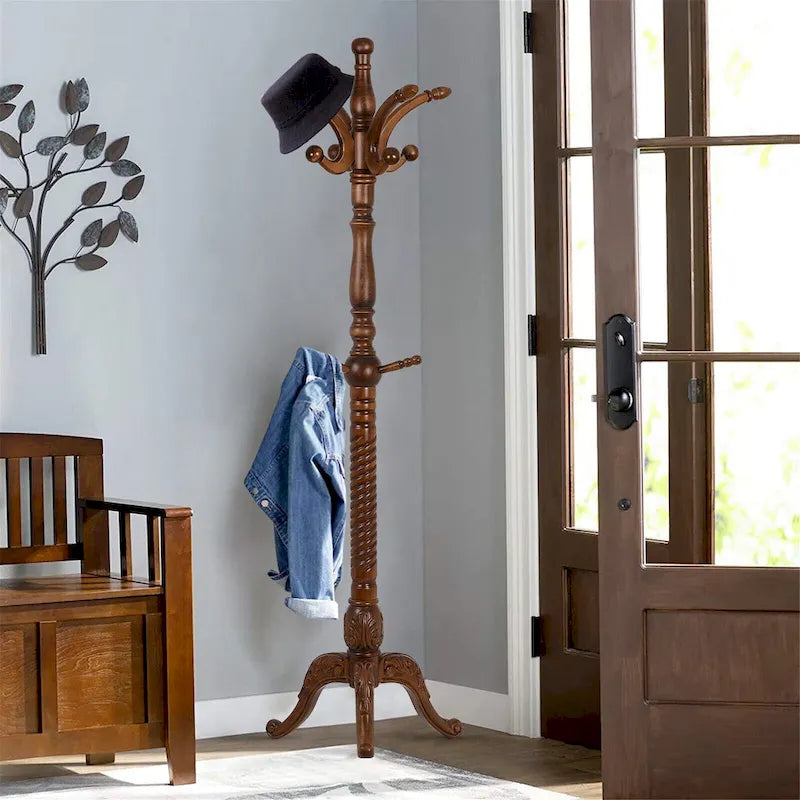 Freestanding Solid Ash Wood Coat Rack with 8 Hooks - Dark Brown