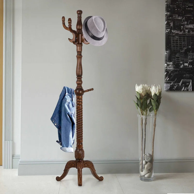 Freestanding Solid Ash Wood Coat Rack with 8 Hooks - Dark Brown