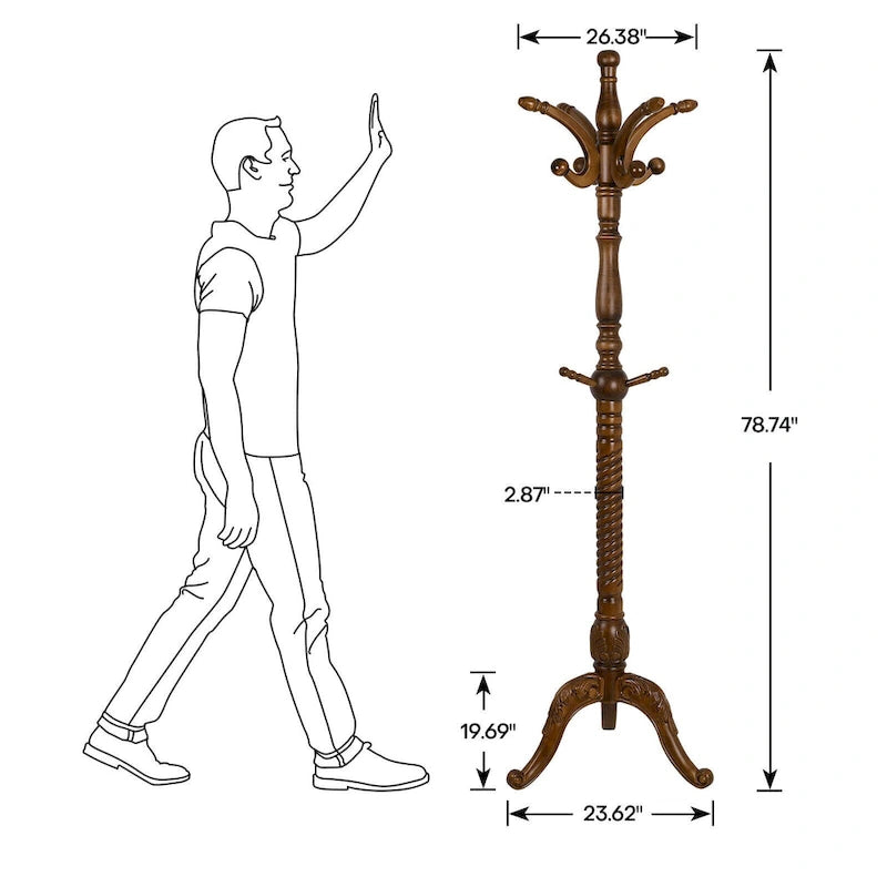 Freestanding Solid Ash Wood Coat Rack with 8 Hooks - Dark Brown
