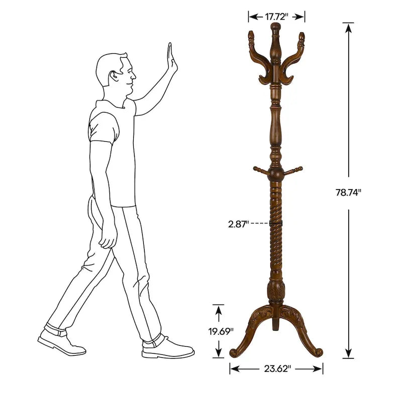 Freestanding Solid Ash Wood Coat Rack with 8 Hooks - Dark Brown