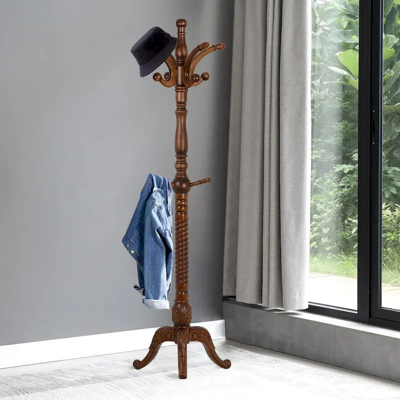 Freestanding Solid Ash Wood Coat Rack with 8 Hooks - Dark Brown