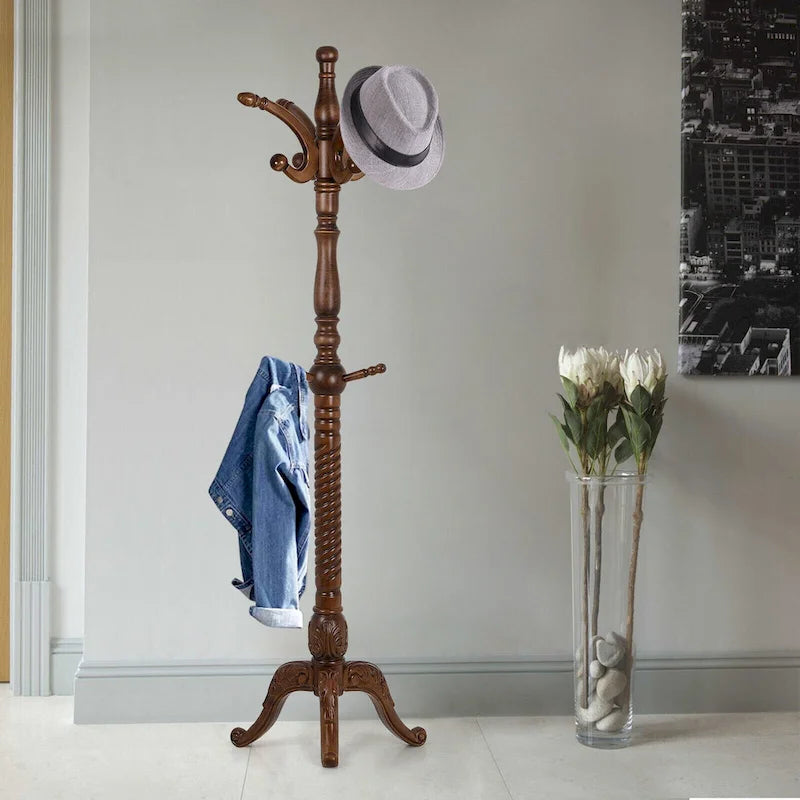 Freestanding Solid Ash Wood Coat Rack with 8 Hooks - Dark Brown
