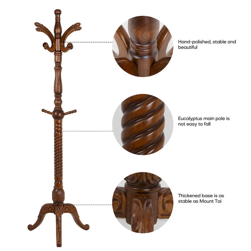 Freestanding Solid Ash Wood Coat Rack with 8 Hooks - Dark Brown
