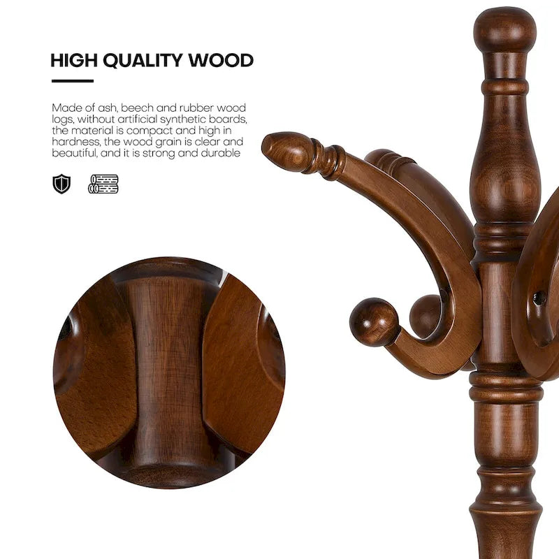 Freestanding Solid Ash Wood Coat Rack with 8 Hooks - Dark Brown