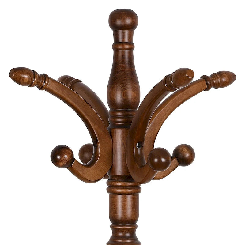Freestanding Solid Ash Wood Coat Rack with 8 Hooks - Dark Brown