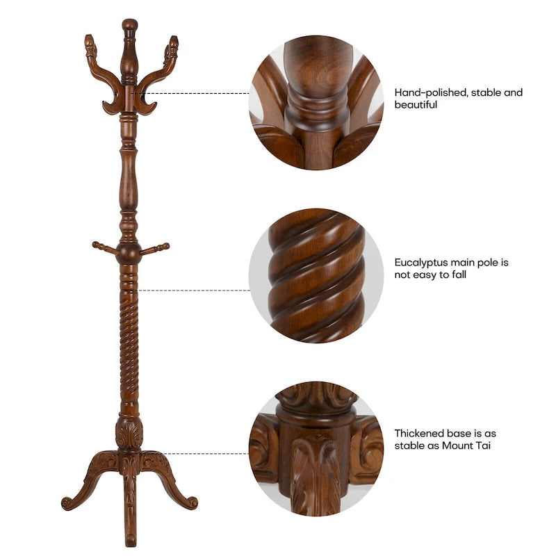 Freestanding Solid Ash Wood Coat Rack with 8 Hooks - Dark Brown