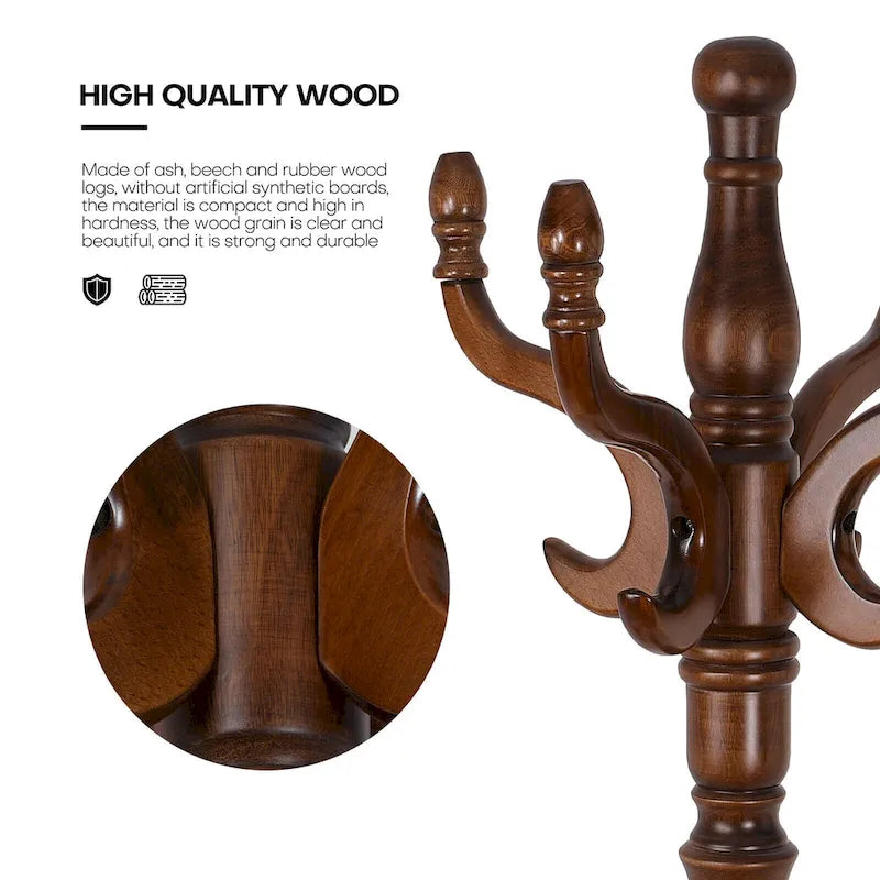 Freestanding Solid Ash Wood Coat Rack with 8 Hooks - Dark Brown