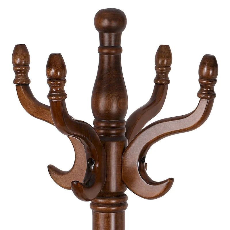 Freestanding Solid Ash Wood Coat Rack with 8 Hooks - Dark Brown