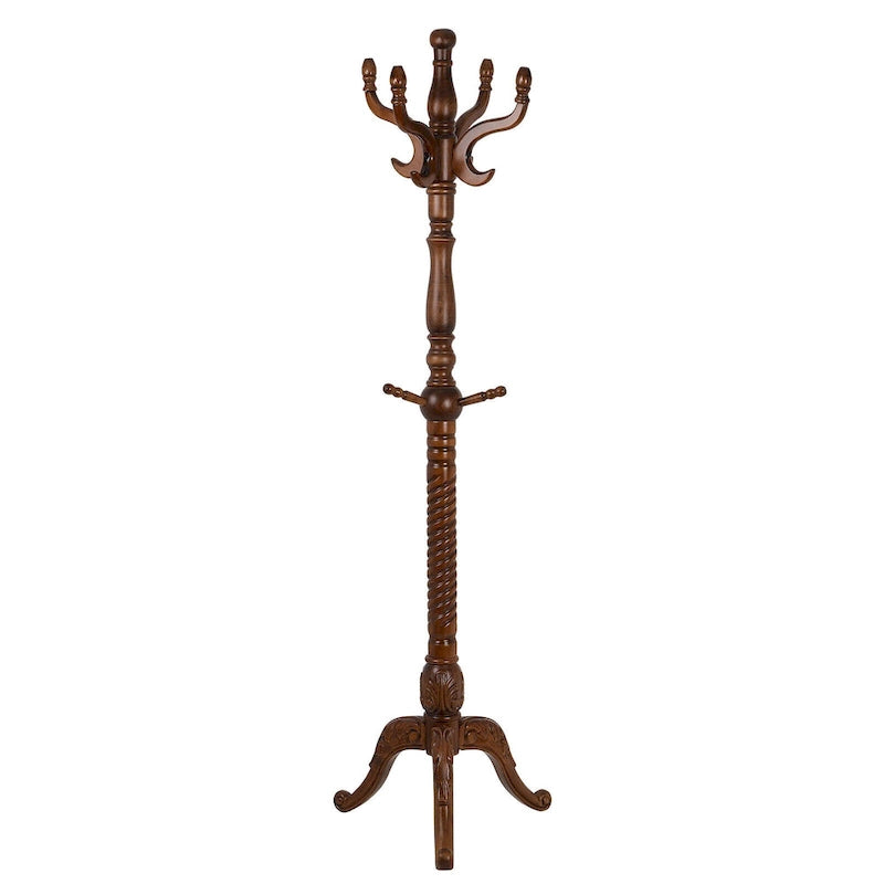 Freestanding Solid Ash Wood Coat Rack with 8 Hooks - Dark Brown