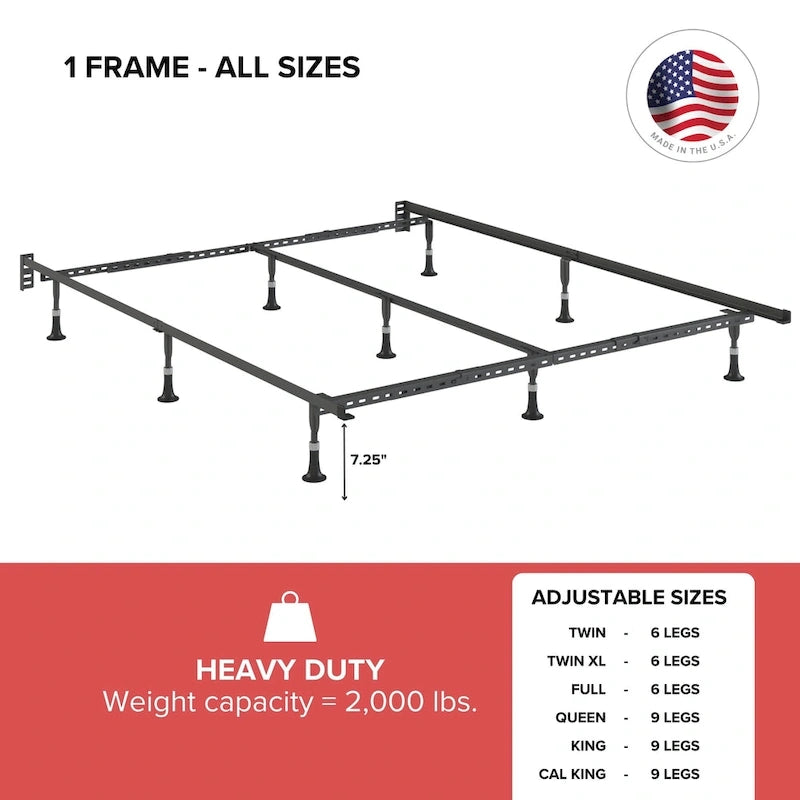 Adjustable Metal Bed Frame with Glides - Twin to King