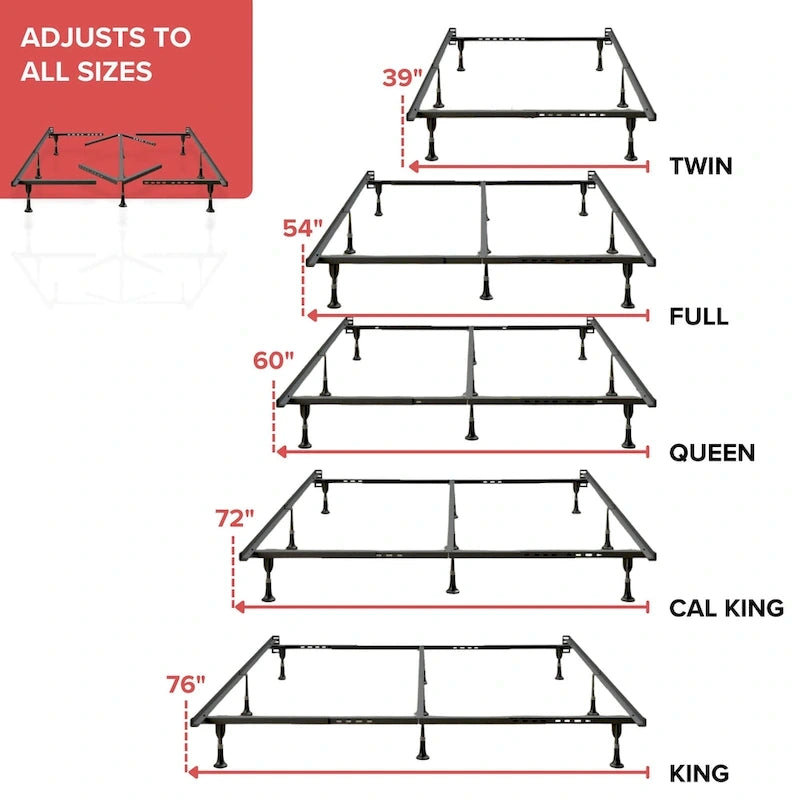Adjustable Metal Bed Frame with Glides - Twin to King